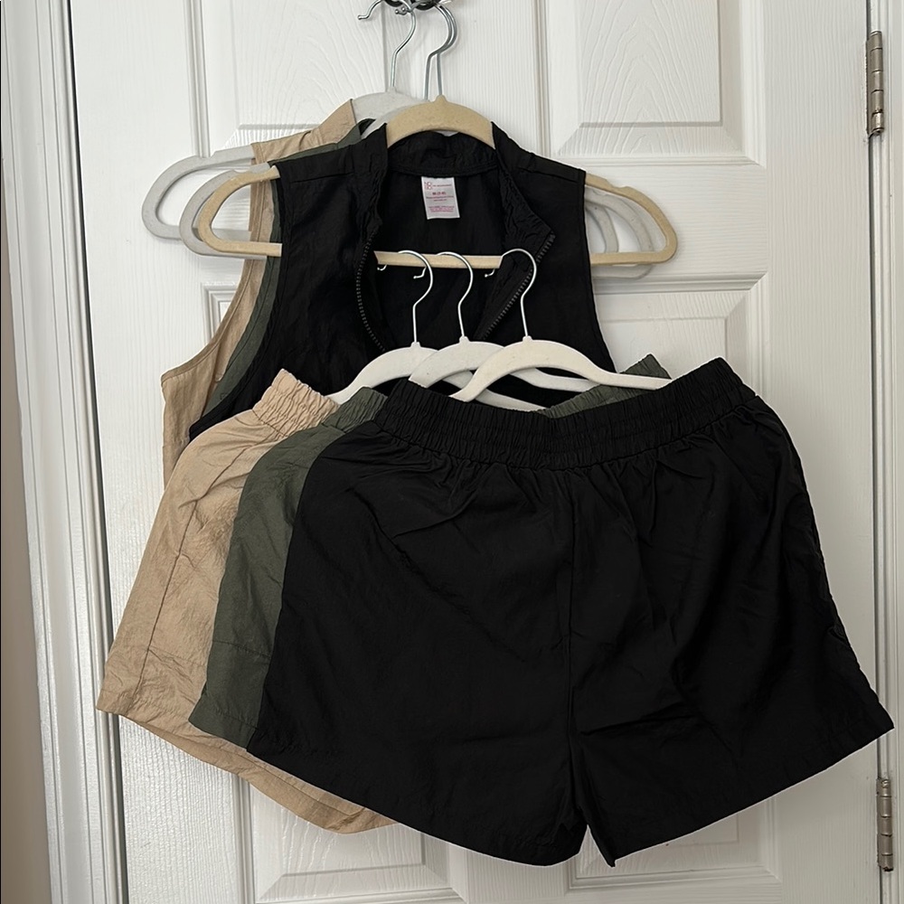 Chic Black and Olive Zip-Up Vest and Short Set